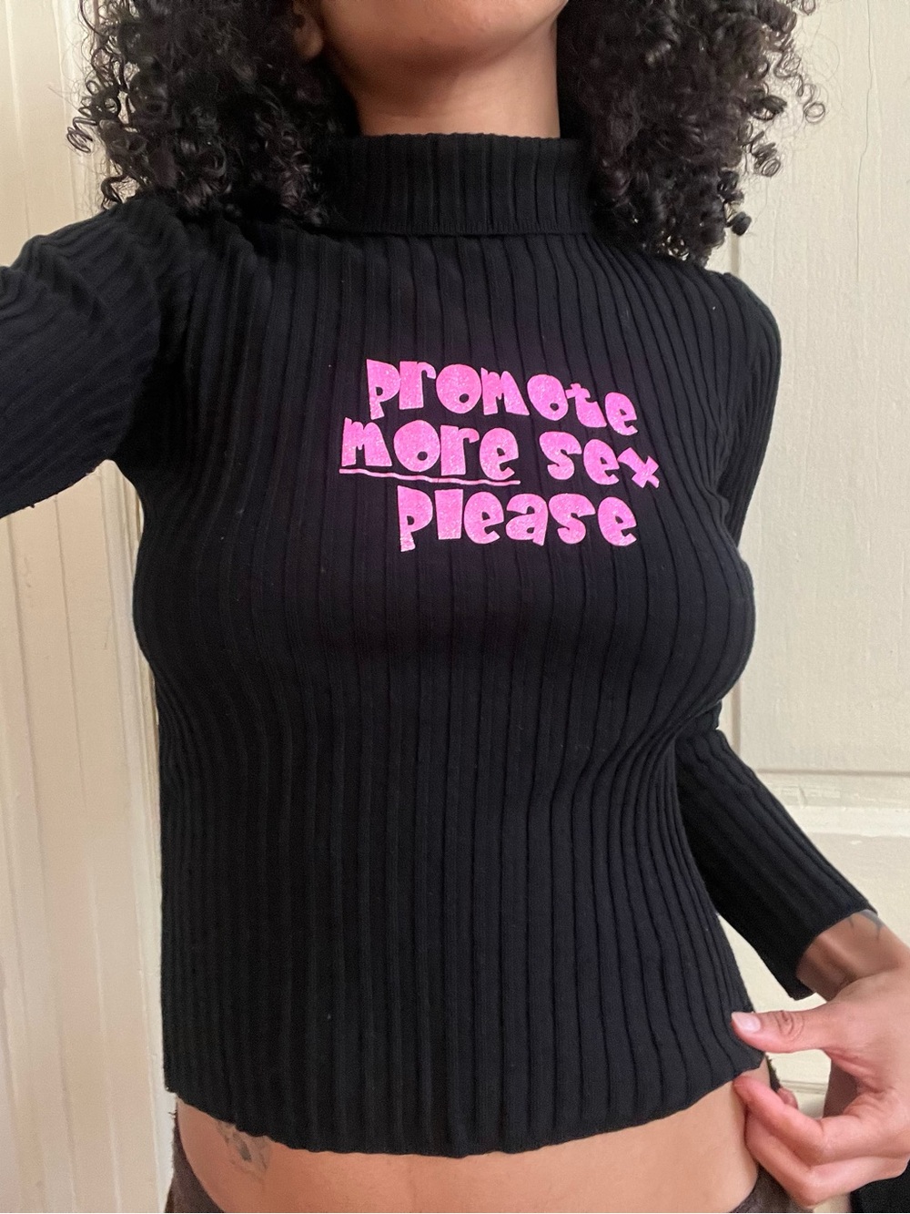 Black Ribbed Mock Neck Top with Pink Slogan